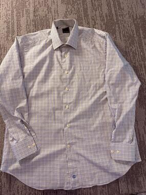David‎ Donahue Shirt Mens 16.5 Blue Green Check Plaid Long Sleeve Dress Cotton